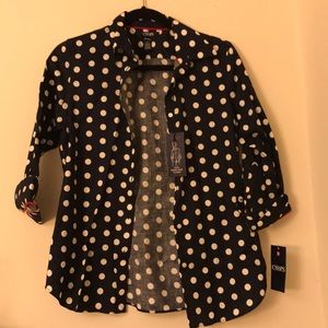 Chaps No Iron Navy and White Polka Dot Shirt